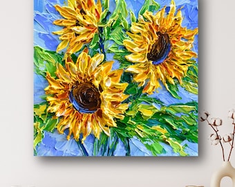 Sunflower Painting Print: Fall Floral Palette Knife Canvas Wall Art