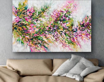 Abstract Cherry Blossom Canvas PRINT, Large Pink Green Modern Giclee Wall Art