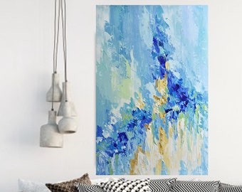 Blue Abstract Impasto Painting: Palette Knife Modern Art, 24x36 Canvas