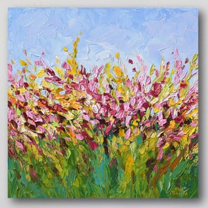 Abstract Flower Filed Painting on Canvas, Original Textured Landscape Wall Art, Yellow Pink Palette knife Floral Artwork