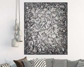 Grey Painting, Textured Wall Art Sculpture, Original Abstract Acrylic Painting on Canvas, Palette Knife Art, Modern Impasto Black White Art