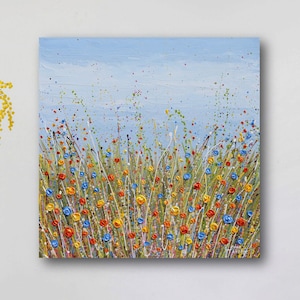 Colorful Wildflower Meadow Painting on Canvas, Original Textured, Abstract Flower Field Landscape, Palette Knife Wall Art