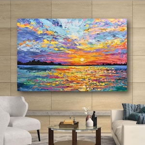 Impresión artística de puesta de sol de pintura impresionista del océano, lienzo de arte mural de paisaje marino colorido, playa abstracta