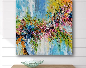 Abstract Print of Acrylic Painting, Vibrant Colorful Floral Wall Art Canvas, Modern Decor