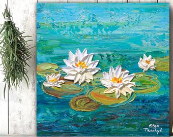 Waterlilies Flower Painting on Canvas, Impasto Original Acrylic Floral Artwork, Heavy Textured Palette Knife Art, Water Pond