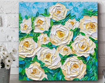 White Roses Painting on Canvas, Original Impasto Floral Artwork, Textured Flowers, Gift for Her