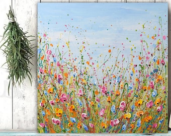 Flower field Painting on Canvas, Original Wildflower Meadow Artwork, Palette Knife Art, Impasto Floral, Botanical Wall Art Canvas