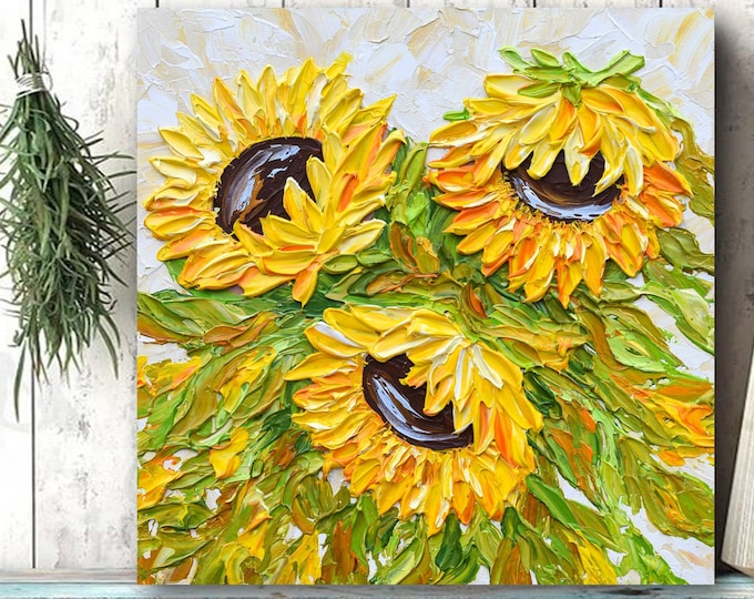 Sunflowers Painting, Original Palette Knife Artwork on Canvas, Textured ...