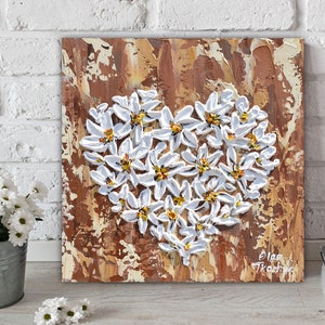Floral Heart Original Painting on Canvas 10&quot;, White Flowers on Brown Textured Knife Artwork, Valentine&#39;s Gift