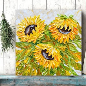Sunflowers Painting, Original Palette Knife Artwork on Canvas, Textured Autumn Wall Art Décor