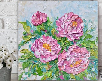 Peony Painting on Canvas 12", Palette Knife Original Artwork, Textured Impasto Pink Flowers, Nursery Art