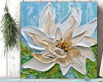 White Magnolia Painting: Original Impasto Floral Acrylic Artwork on Canvas