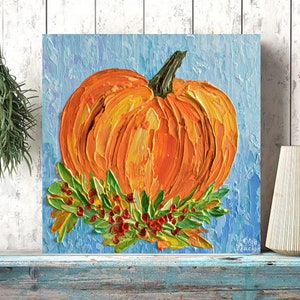 Pastose Kürbis-Malerei: Original Acryl-Herbstkunst (25 cm)