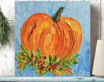 Impasto Pumpkin Painting: Original Acrylic Fall Art (10 inch)
