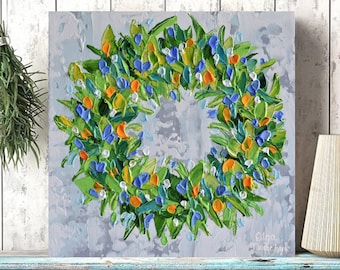 Christmas Wreath Painting: Original Palette Knife Floral Art, 10&quot; Canvas