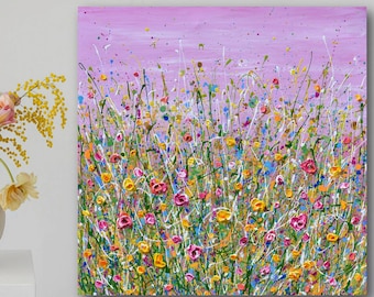 Abstract Floral Painting on Canvas, Textured Pink Flower Field, Impasto Meadow Wall Art