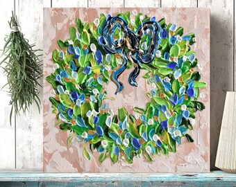 Blue Christmas Wreath Painting: Impasto Palette Knife Art, 10&quot; Canvas