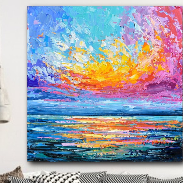 Bright Sunset Over Ocean Print, Pink Sky Seascape, Giclee of Impressionist Palette Knife Painting