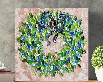 Blue Christmas Wreath Painting: Impasto Palette Knife Art, 10" Canvas