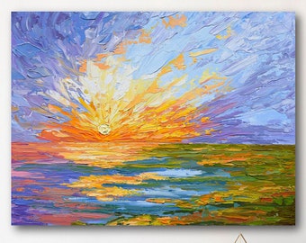Lake Sunset Art Print, Seascape Wall Décor, Colorful Sky, Giclee of Impressionist Painting