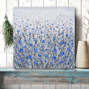 Blue Wildflower Floral Art Print Canvas: Gray Abstract Wall Decor