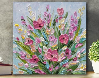 油彩画 薔薇の花束 厚塗り キャンバス ピンクのバラの花を描いた油絵（キャンバス）、厚塗り技法を用いた