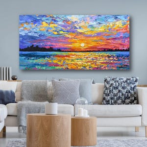 Sunset Ocean Canvas Print: Long Horizontal Impressionist Tropical Seascape Wall Art