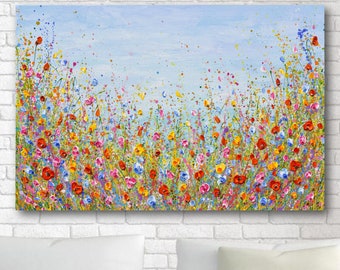 Wildflower Painting on Canvas, Original Floral Artwork, Large Palette knife Poppies Art, Colorful Landscape