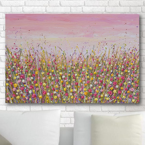 Flowers Canvas PRINT, Large Pink Sky Wildflower Field Painting, Summer Landscape Wall Art Decor