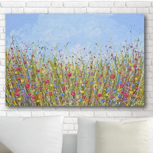 Colorful Wildflower Meadow Painting on Canvas, Original Textured, Abstract Flower Field Landscape, Palette Knife Wall Art