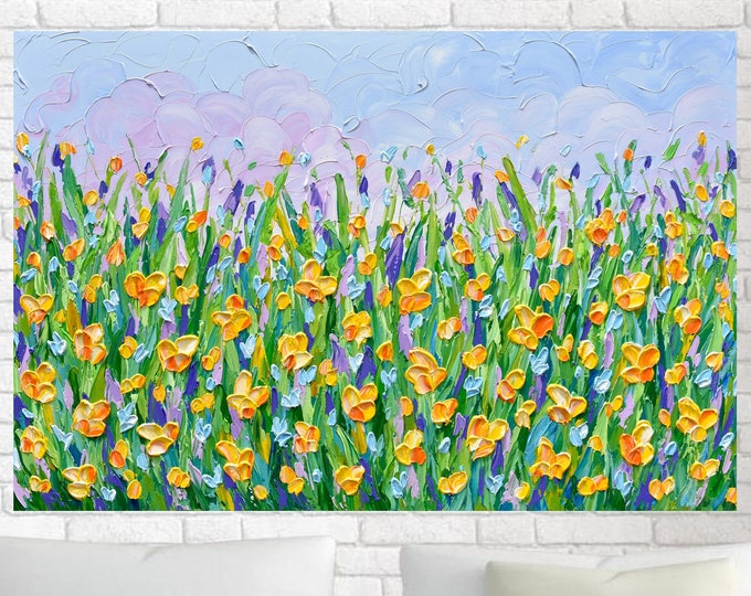 Yellow Flowers Meadow Painting on Canvas Textured Wildflower Etsy
