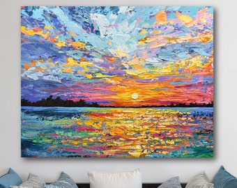 Sunset Art Print of Impressionist Ocean Painting, Colorful Seascape Wall Art Canvas, Abstract Beach