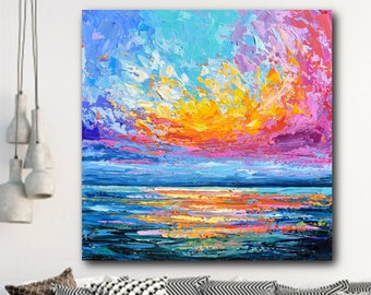 Bright Sunset Over Ocean Print, Pink Sky Seascape, Giclee of Impressionist Palette Knife Painting