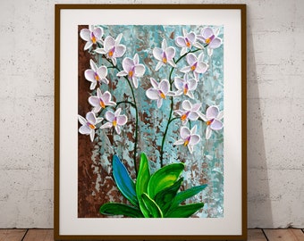 White Orchid Print, Blue Brown Floral Painting, Fine Art Botanical Wall Art Décor,  Nursery Artwork