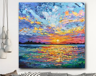 Colorful Sunset Print, Bright Sky Seascape Wall Décor, Fine Art Print of Impressionist Palette Knife Ocean Painting