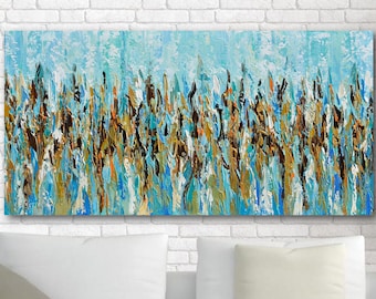 Abstract Painting Print, Large Canvas Wall Art, Teal Aqua Golden Brown Wall Décor