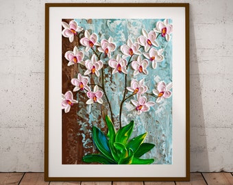 Pink Orchid Print of Original Painting, Botanical Wall Art Décor, Blue Brown Floral Artwork