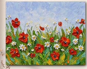 Poppy Daisy Meadow Painting, Textured Wildflower Field, Floral Wall Art Canvas