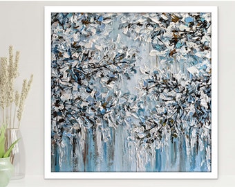 Abstract Winter Art Print on Paper or Canvas, Silver, Blue Tree Branches, Modern Wall Art