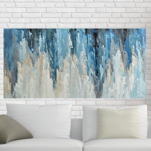 Large Blue Gray Abstract Painting: Textured Impasto Acrylic Art