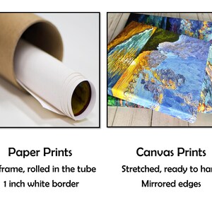 May include: The image showcases two print options: paper prints rolled in a tube with a 1-inch white border and canvas prints stretched and ready to hang with mirrored edges. The canvas prints display colorful landscape art.