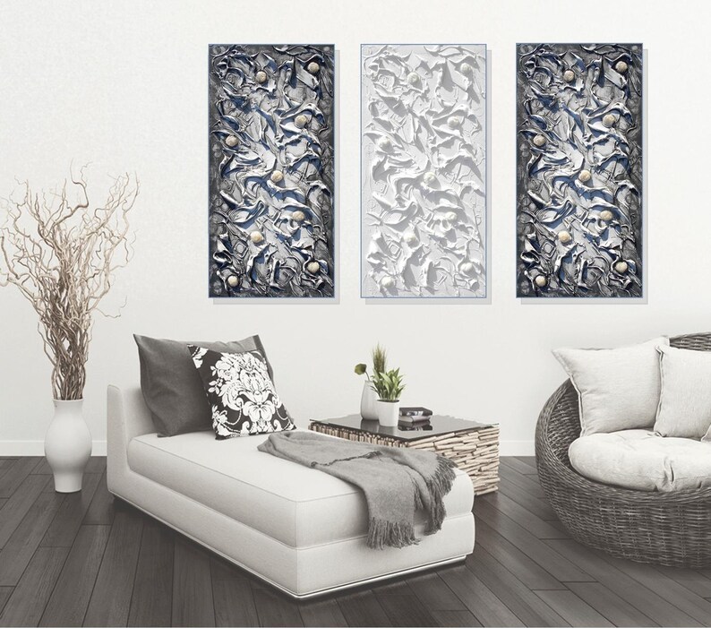Black And White Painting Textured Wall Art Canvas Palette Knife Large Modern Abstract Sculpture Set Of 3 Made To Order