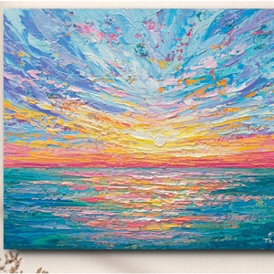 Ocean Sunrise Painting Print on Canvas or Paper, Colorful Seascape Wall Art
