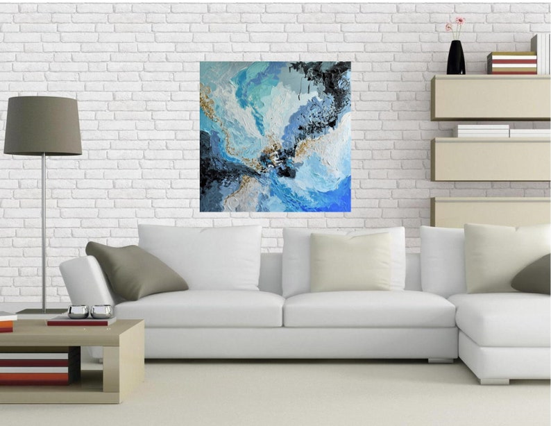 Blue Gold Abstract Painting on Canvas 36 Textured Modern Etsy