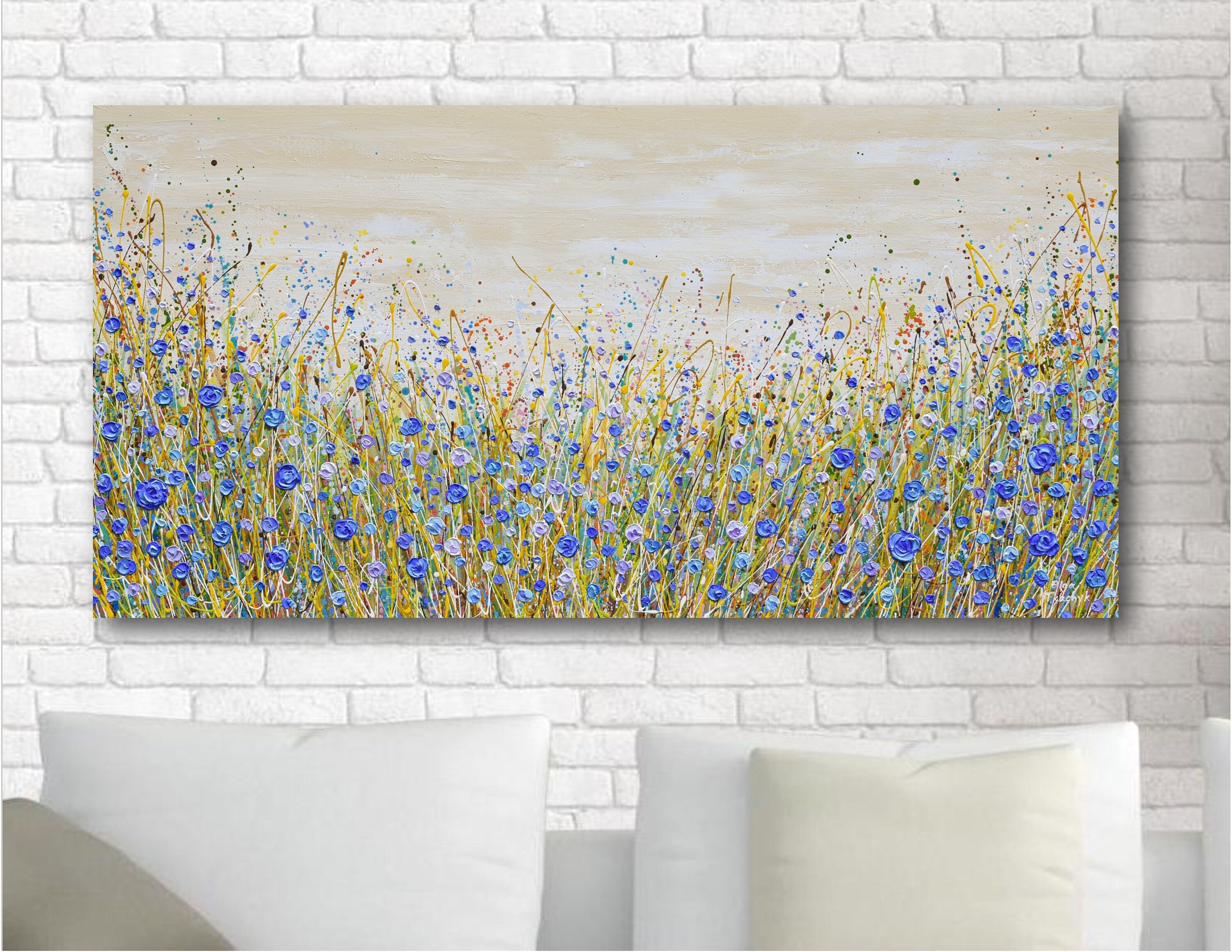 Blue Wildflower Painting on Canvas, Original Large Floral