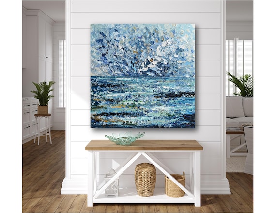 Blue Abstract Ocean Giclee Print: Coastal Wall Art Canvas, Ready to Hang