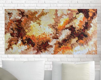 Abstract Original Painting on Canvas 48", Yellow Orange Brown Palette Knife Art, Large Modern Contemporary Artwork, Textured Wall Art Canvas