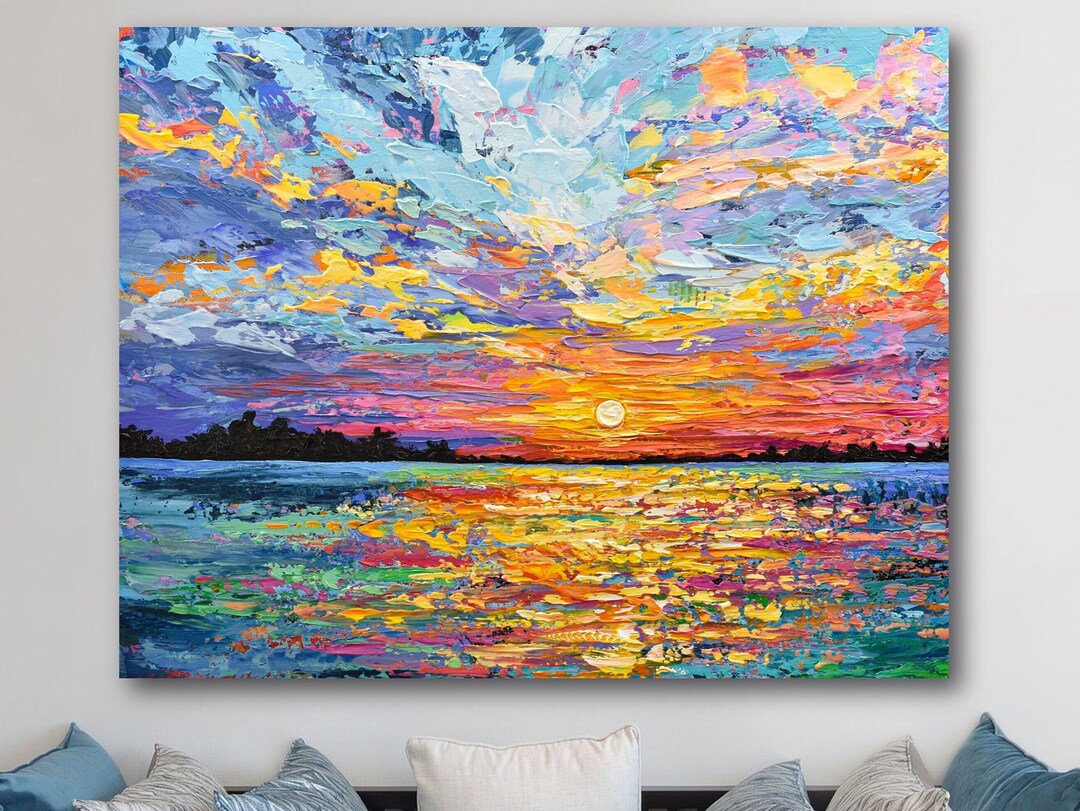 Sunset Art Print of Impressionist Ocean Painting, Colorful Seascape ...