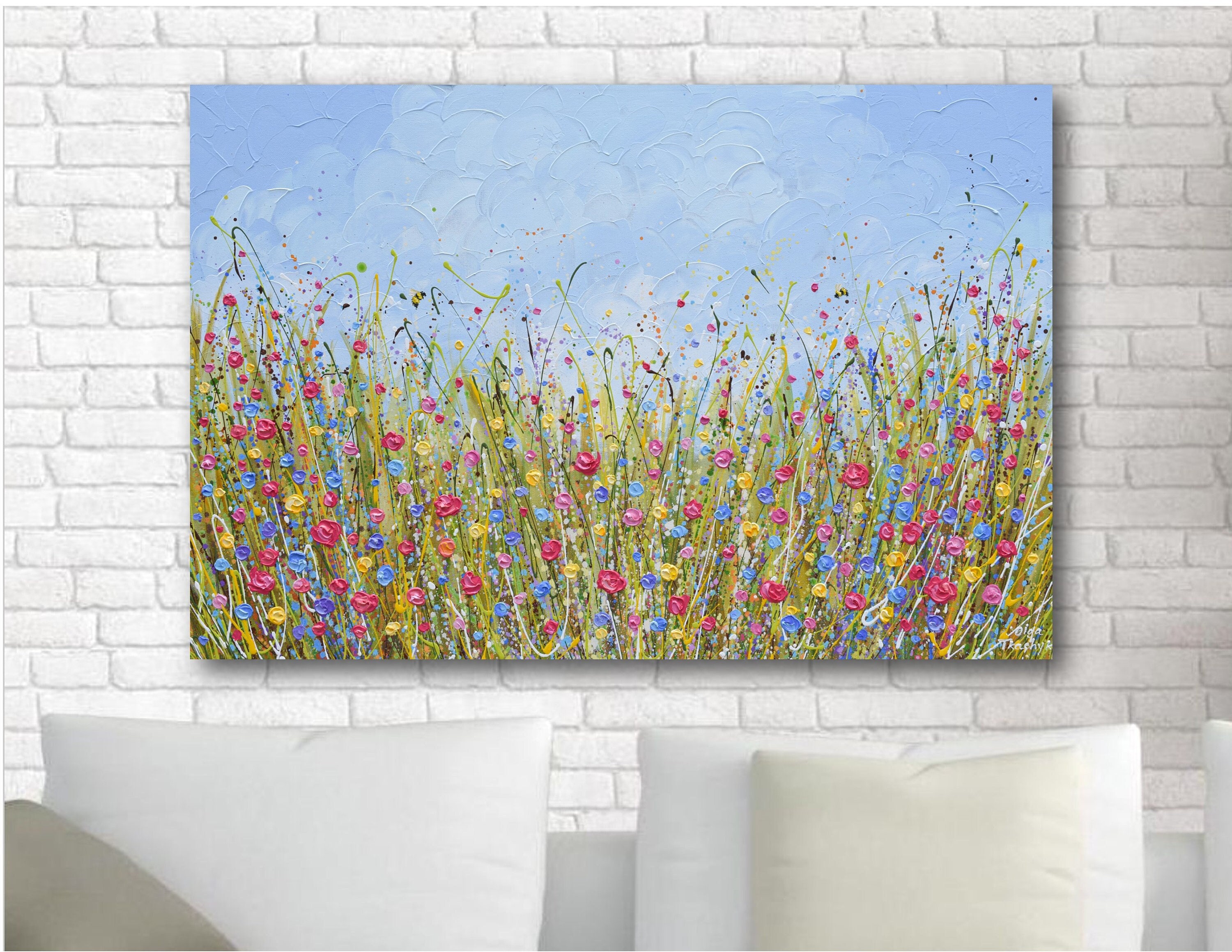 Wildflower Meadow Painting: Original Textured Abstract Floral Landscape, Palette Knife Art (24x36)