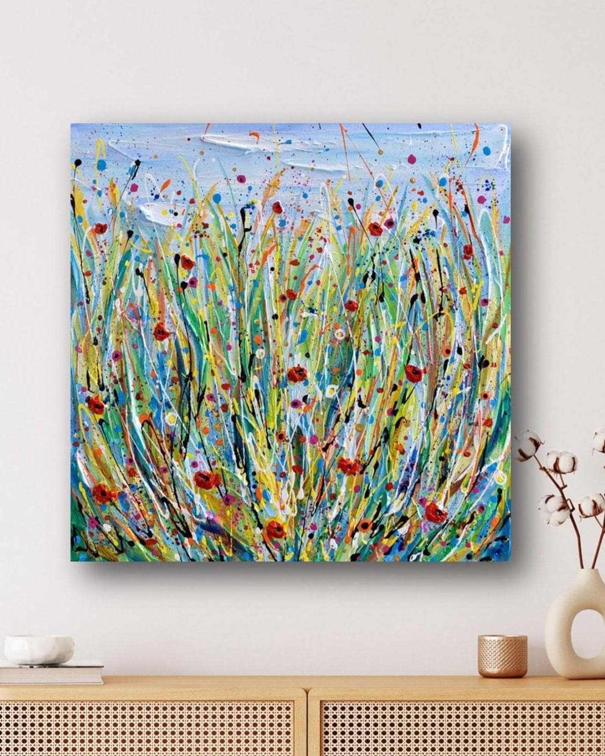 Wildflower Meadow Print on Canvas or Paper, Poppy Landscape Wall Art Décor